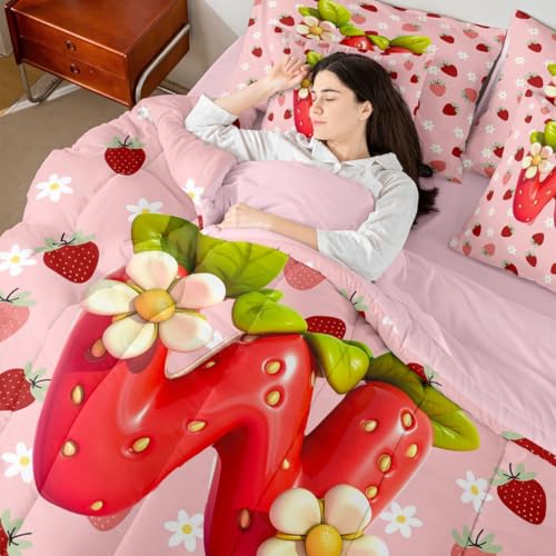 Image of Feelyou Girls Cute Strawberry Comforter Set With Sheets 7 Piece King Size Pink Strawberry Bed in a Bag Kids Boys Girls Initial Letter W Bedding Set Bedroom Decor Breathable Soft Lightweight Microfiber