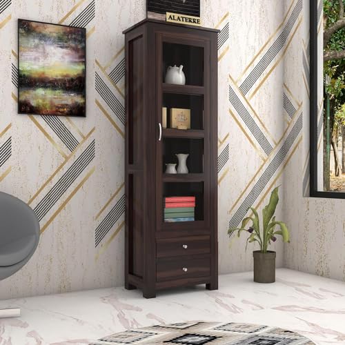 Image of Wood Book Shelf with Glass Door, Wooden Book Rack for Home Library, Kitchen Crockery Cabinet, Wooden Almirah, Bookcases, Book Shelf Storage 2 Drawers, Home Furniture, Walnut Finish