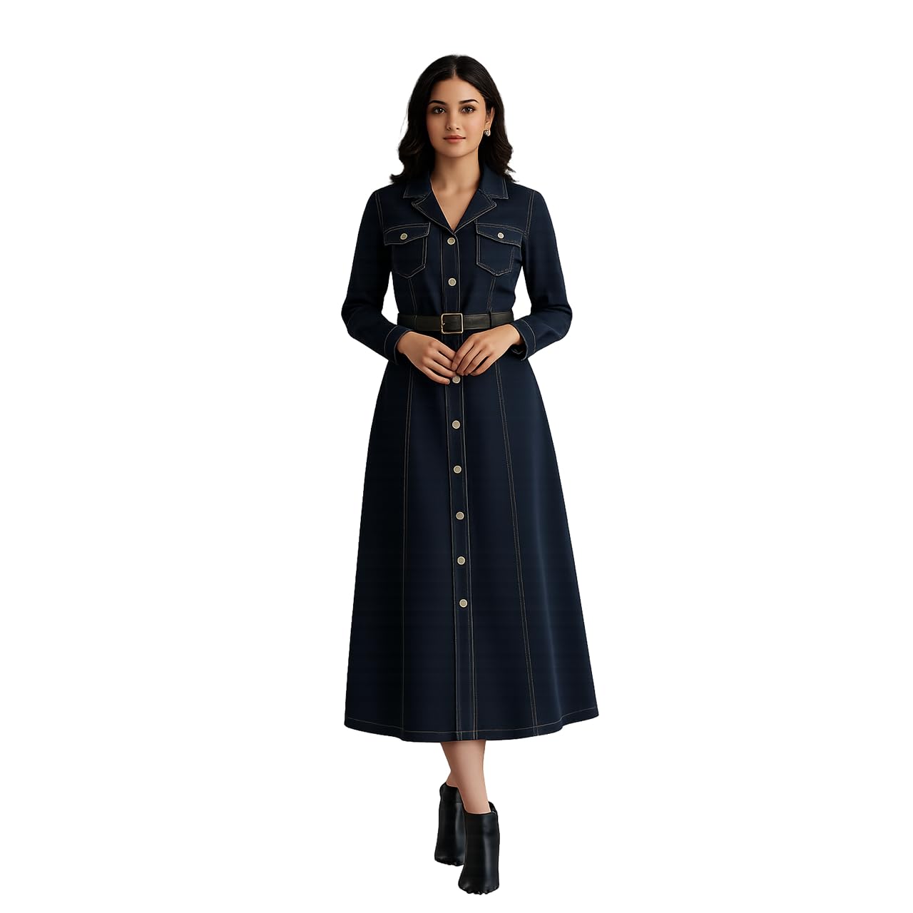 askrekha Denim Dress for Women - Women’s Denim Shirt Dress with Belt | Button-Down Midi Dress | Full Sleeve Casual & Formal Wear | Dark Blue-picture-32