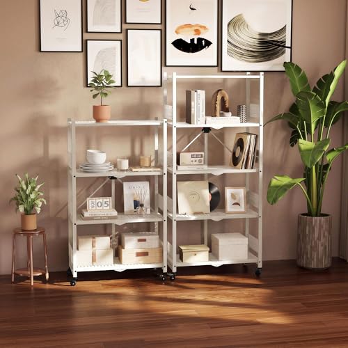 Image of WORKPRO 5-Tier Folding Shelf, No-Assembly Metal Storage Rack with Wheels, 750 lbs Capacity (with Leveling Feet), Collapsible Shelving Unit for Kitchen, Pantry, Closet & Craft Shows - White