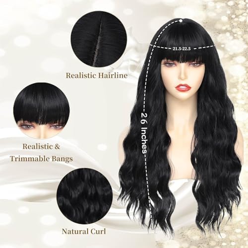 Long Wig With Bangs 26 Inches Synthetic Wavy Bang Wigs for Women Women Long Curly Heat Resistant Black Hair Wig for Girls Halloween Party Use (Black) - Image 3