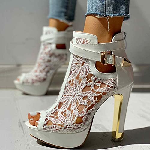 ZBYY Women's Lace Peep Toes High Heels Ankle Boots Open Toe Lace Slip On Wedding Pumps Bride Dress Platform Sandals3