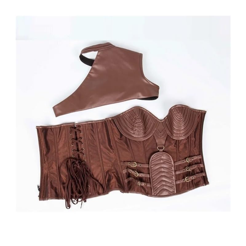 Brązowy gorset vintage gotycki w stylu steampunk, kurtka w stylu burleski, pancerz na ramionach, bolerko overbust, gorset ze stalowymi fiszbinami