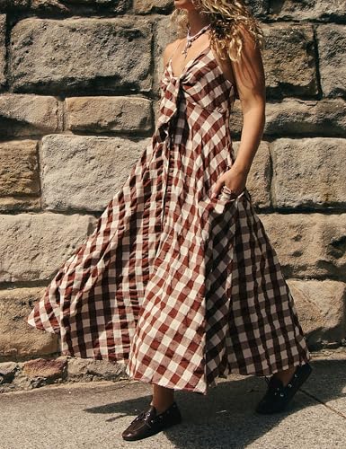Dsewpuar Summer Plaid Bow Tie Button Front Maxi Dress for Women Sleeveless V Neck Beach Vacation Boho Flowy Long Dresses3
