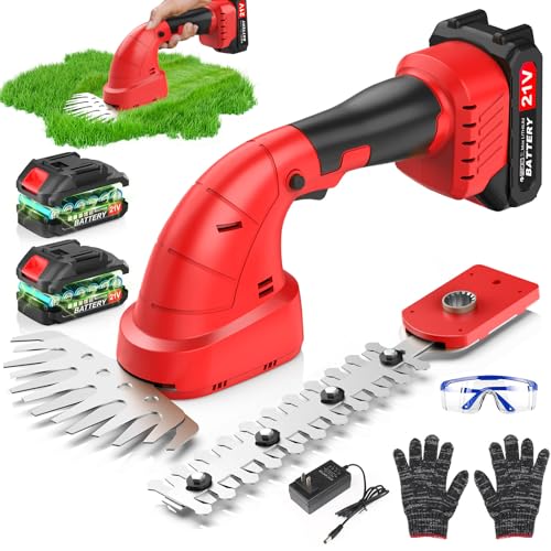 21V Tijeras Cortacésped y Arreglasetos Cortasetos a Batería Electrico 2 en 1 Tijeras de Césped Podar con 2 Batería de 2000mAh y Cargador Tijeras Eléctricas con 2 Cuchillas de Longitud Arbustos y Setos