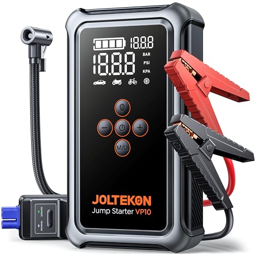 Joltekon Arrancador de baterias de carro 5000A com compressor de ar 150 PSI, iniciador de carros 12 V com função BOOST de arranque forçado, lanterna 3 em 1, tela grande (para todos os ou 10 l