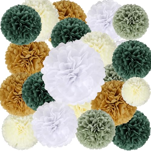 Image of BestoFun 16 PCS Sage Green Party Decorations Tissue Paper Flowers Christmas Party Decors Hanging Pom Poms Decorations for Xmas New Year Winter Holiday Decorations