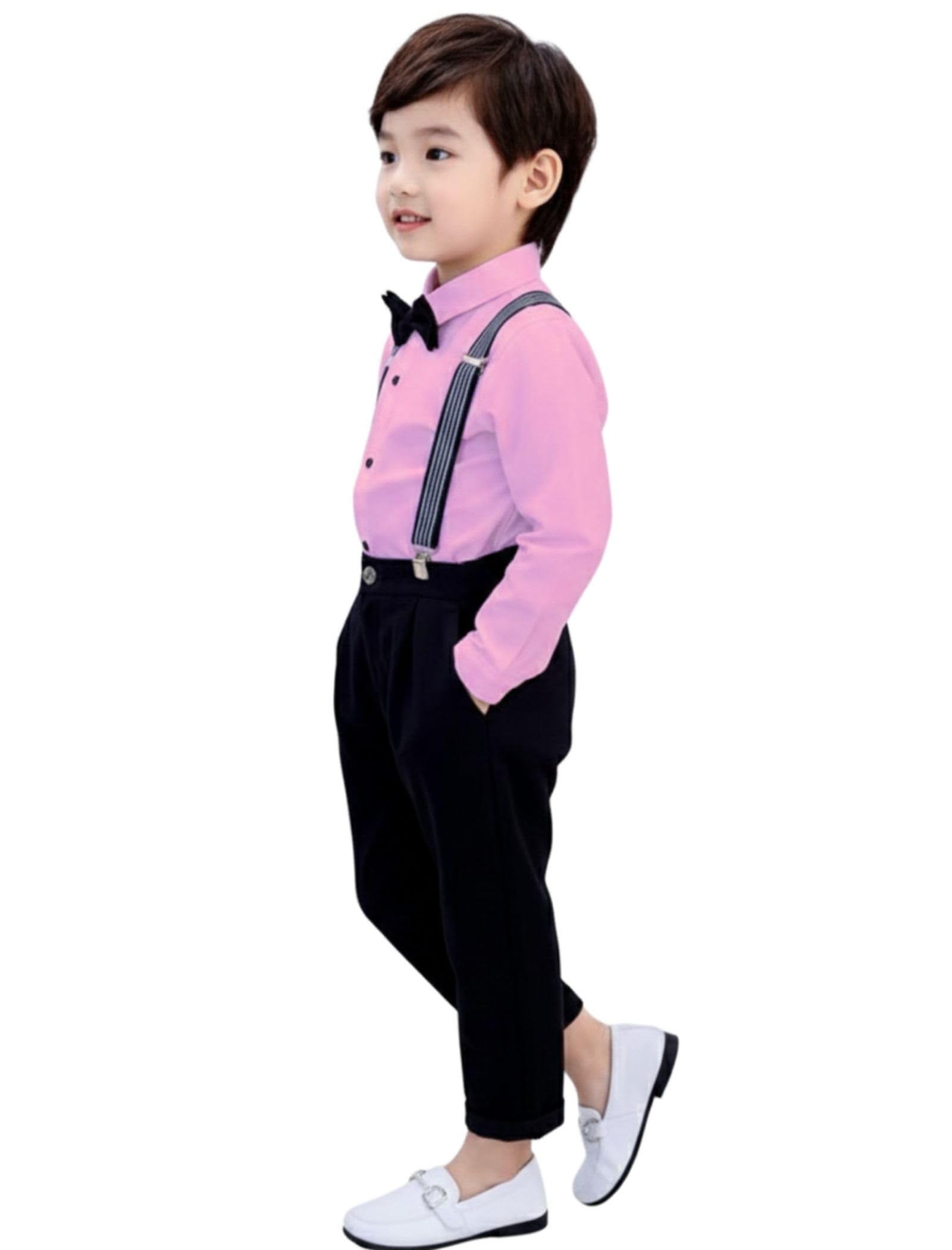 ROYALICA Kinderbekleidung für Kinder, Baumwollmischung, Set aus Hemd und Hose, langärmelig, mit Trägern und Fliege, für Kinder, Rosa, 4 Jahre