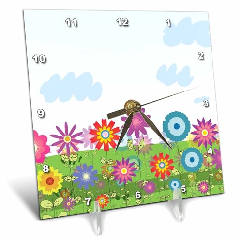 3dRose dc_106869_1 Funky Modern Tree Branch with Hanging Colorful Flowers-Desk Clock, 6 by 6-Inch