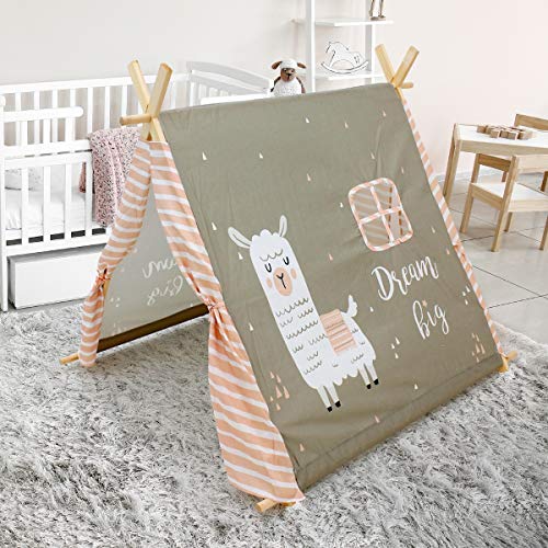 ECD Germany Tienda de Campaña para Niños 117x108x105cm Estilo Tipi Indio Juegos Fantasía Campañia Infantil de Poliéster Color Gris Cálido con Motivo Llama Entrada de Puerta con Bolsa Almacenamiento
