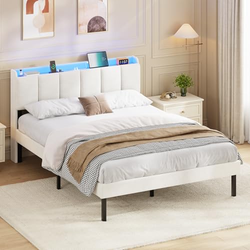AOGLLATI Polsterbett 140 x 200 cm, Bettrahmen mit LED-Beleuchtung und Ladestation, Bettgestell mit Lattenrost, Jugendbett, Doppelbett mit Kopfteil aus...