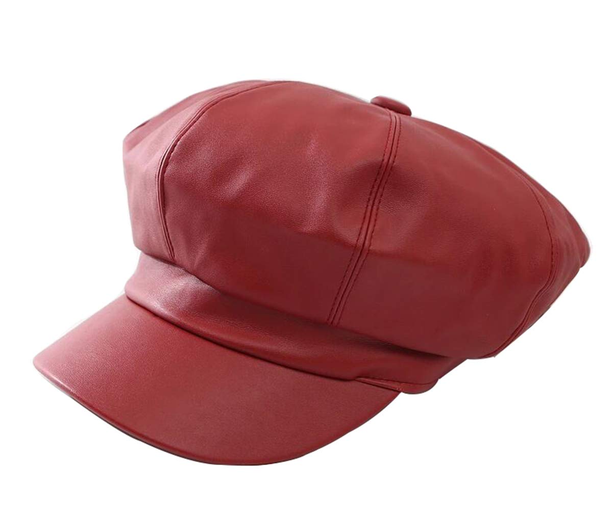 Chennuo Women's Red Pu Leather Cap Beret Newsboy Cap Baker Boy Hat Winter Visor For (Red)