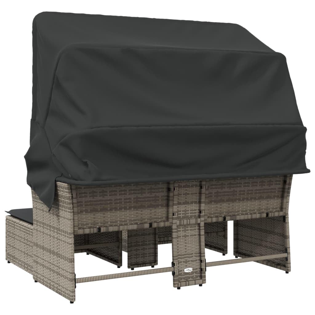 Divano da Giardino 2 Posti in Rattan con Tettuccio e 2 Poggiapiedi | Set modulare da esterno per terrazzo e giardino con tavolino integrato, cuscini sfoderabili e pouf salvaspazio.
