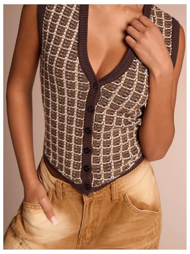 MakeMeChic Women's Plaid V Neck Button Down Sweater Vest Sleeveless Knitwear4