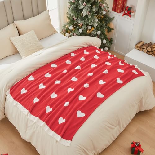 Image of CozeCube Reversible Knit Throw Blanket, Red Love Heart, 50 inchx60 inch