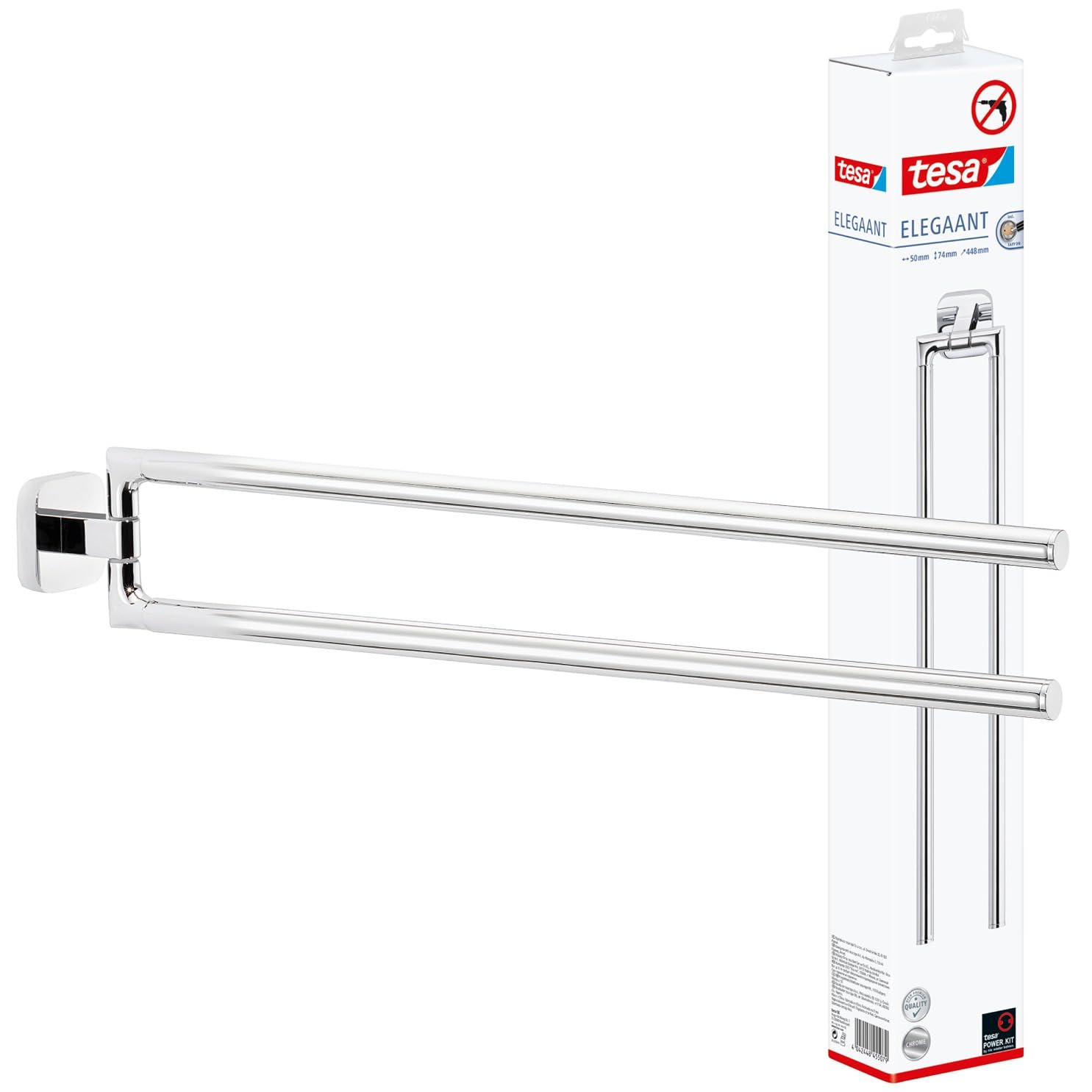 Tesa Uk Silver Tesa Elegaant Double Towel Holder - Wall-Mounted, Stainless-Steel Towel Holder With Two Swivel Arms - Waterproof, Incl. Power.kit Adhesive Solution - 50Mm X 72Mm X 450Mm