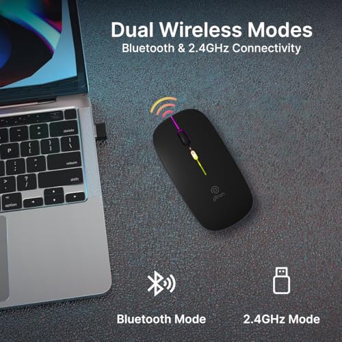 Image of pTron Flick M1 Slim Wireless Mouse w /Rechargeable Battery, Dual Connectivity 2.4Ghz & BT, 4 Buttons, 1000 /1200 /1600 DPI, Vivid LED Lights, Silent Operation, Plug & Play, Type C Charging (Black)