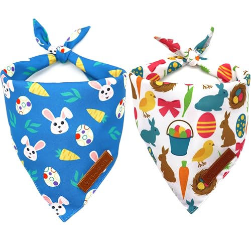 Realeaf Easter Dog Bandanas 2 Pack Reversible Bunny Carrot and Easter Eggs Pet Scarf for Boy and Girl Premium Durable Fabric Holiday Bandana for Medium and Large Dogs Pets(Large)