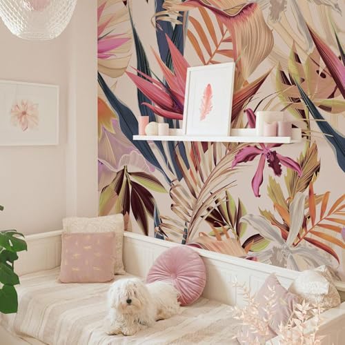 FUNLIFE Plantes tropicales papier peint,grandes feuilles colorées,rose, papier peint panoramique
