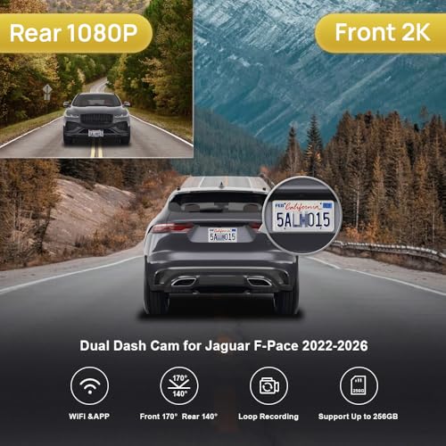 Image of Fitcamx Front 2K+Rear 1080P Dash Cam Adapts for Jaguar F-Pace 2022-2026 (Model 6321) P250 P340 P400 R-Dynamic S SVR X761, Dual HD Video, OEM Style, WiFi & APP, Loop Recording, G-Sensor, 64GB Card
