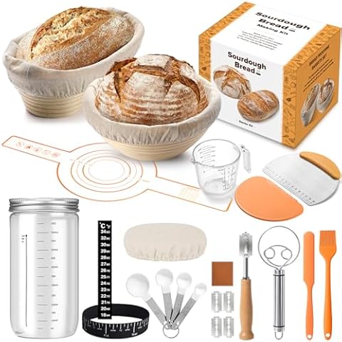Sourdough Bread Starter Kit for Beginners 22pcs, Bread Making Kit with Sourdough Starter Jar, Banneton Bread Proofing Basket Set for Sourdough Bread Baking, Sourdough Starter Jar with Box Cover