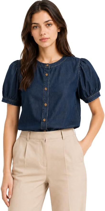 SUNNOW Women's Denim Puff Sleeve Button Down Shirt Classic Casual Short Sleeve Blouse with Relaxed Fit Lightweight Jean Top