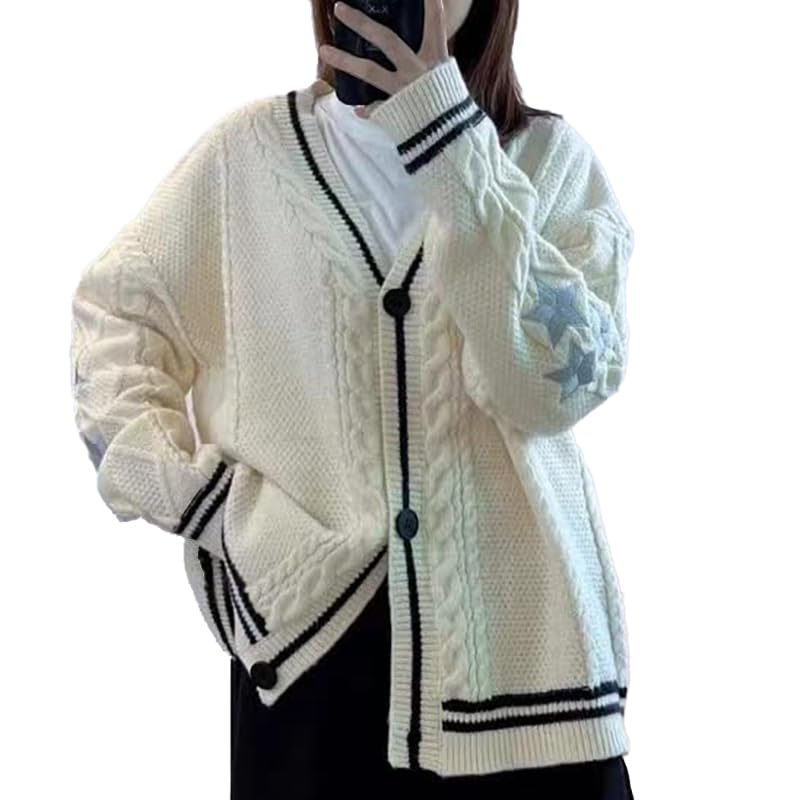 Women Star Embroidery Cardigan Long Sleeve V Neck Knit Sweater Oversized Button Down Knitwear Coat Outerwear