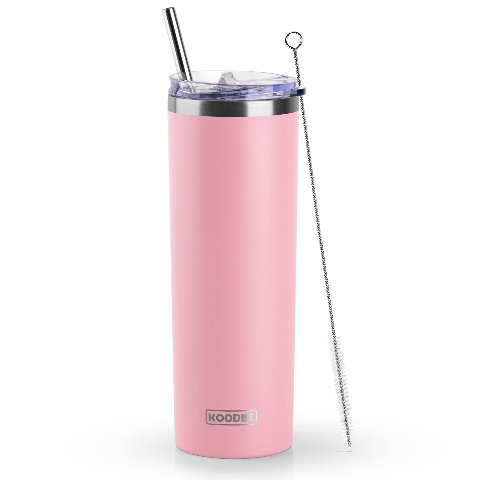 koodee 20 oz Stainless Steel Skinny Tumbler Double Wall Insulated Slim Water Tumbler Cup with Lids and Straw (Pink)