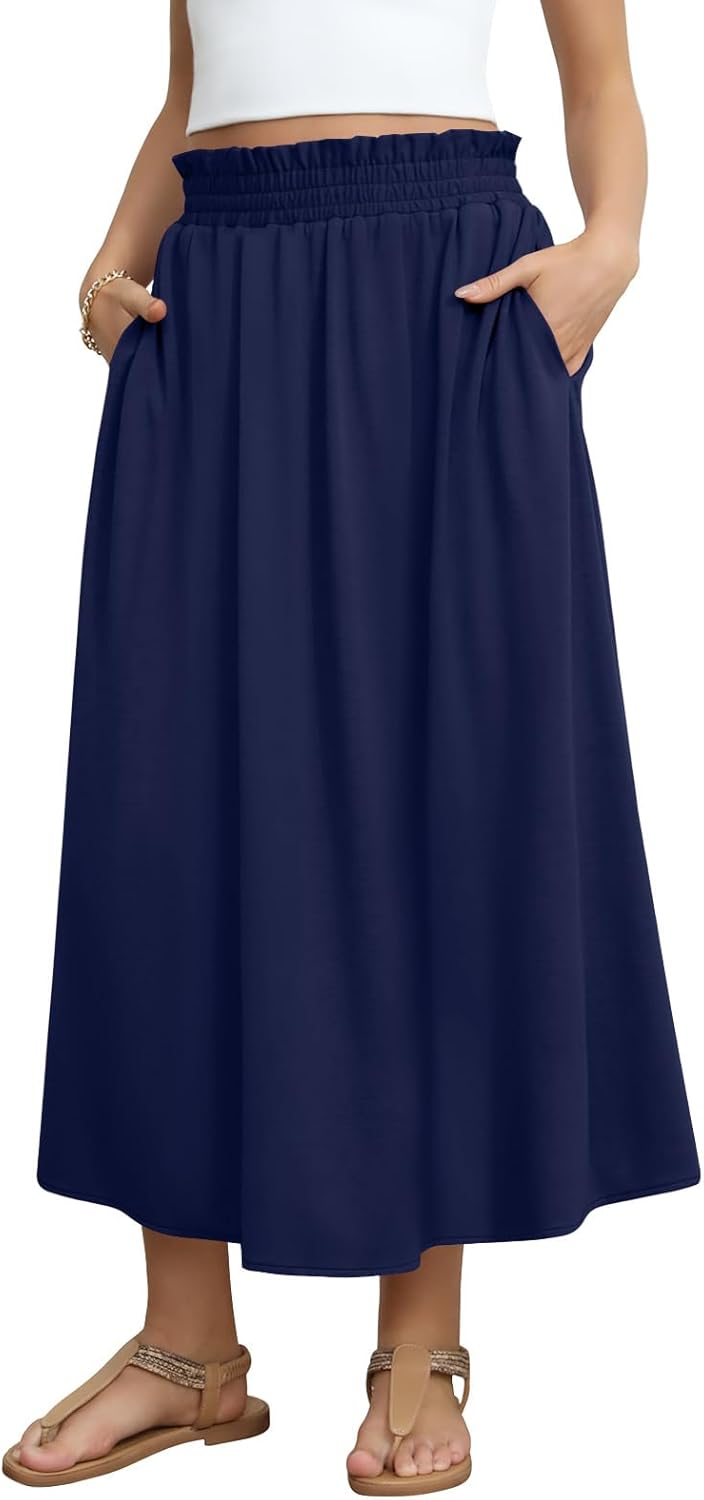 DouBCQ Womens Long Skirt Casual Elastic High Waist Flowy Pleated Maxi Skirts with Pockets - Image 4