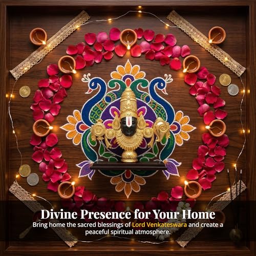 Image of 24K Gold Plated Lord Venkateswara Swamy Idol | Auspicious Tirupati Balaji Murti for Home Temple Decor | Sacred Pooja Room Statue with Wooden Base & Black Face | Spiritual Showpiece.