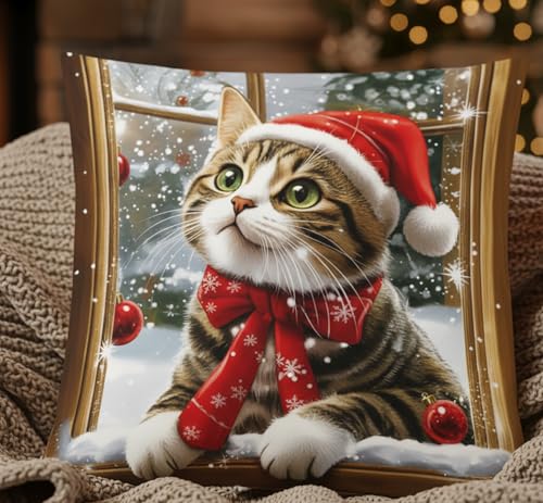 KAMACA Weihnachtskissen Katze 40x40 cm mit Füllung Deko-Kissen mit...