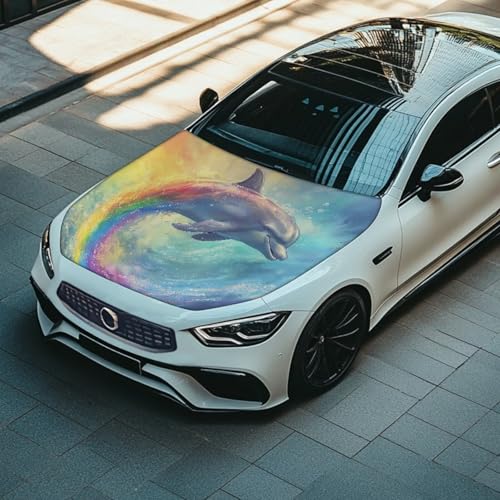 Image of Ocean Dolphin Car Hood Cover Can be Washed, Stretchable Polyester Rainbow Underwater Dolphin Car Bonnet All-Season Protection, Ocean Creature Auto Decor Protector