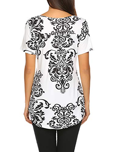 Halife Floral Blouses For Women Short Sleeve Summer Shirts Casual Henley V Neck Pleated Tunic Tops Loose Fit Black M #TOP4