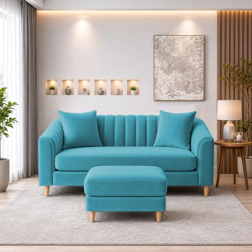 Image of Doraldo 2 Seater Sofa Set with Ottoman for Living Room (Turquise) Premium Fabric Sofa