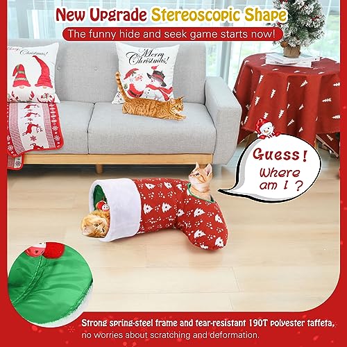 Image of Pawaboo Cat Tunnel Christmas Sock with Bell Balls, Upgraded 2 Way Cat Tunnel Interactive Toy, Pet Xmas Stocking with Crinkle Paper & Strong Spring-Steel Frame for Cat Kitten Kitty, Red Christmas Tree