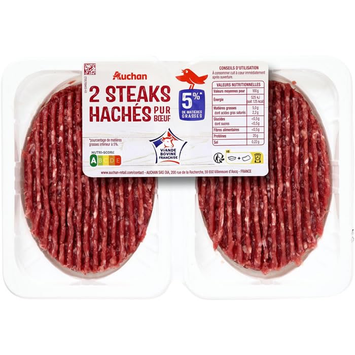 AUCHAN Steaks hachés pur boeuf 5% M.G 2 x 100 g