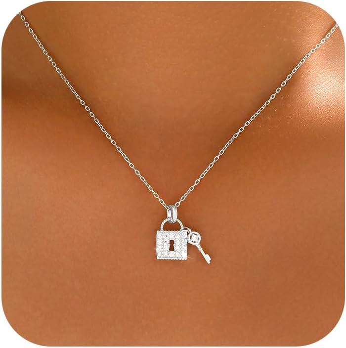 Lock Necklace for Women, 925 Sterling Silver Dainty Cubic Zirconia Lock Key Pendant Necklace to Mother Daughter 14k Gold Plated Cute Padlock Choker Chain Necklace Jewelry Gift for Birthday Wedding Graduation