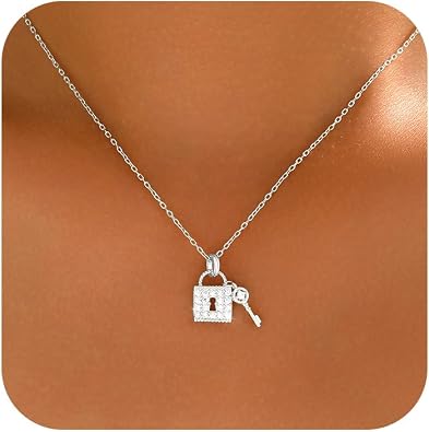 Lock Necklace for Women, 925 Sterling Silver Dainty Cubic Zirconia Lock Key Pendant Necklace to Mother Daughter 14k Gold Plated Cute Padlock Choker Chain Necklace Jewelry Gift for Birthday Wedding Graduation