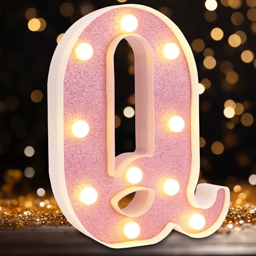 Image of Small Led Marquee Letters, Light Up Letters, 8.58 Inch Led Letter Lights, Battery Powered Lighted Sign for Table, Party, Birthday, Christmas Decor (Pink Glitter, Letter Q)