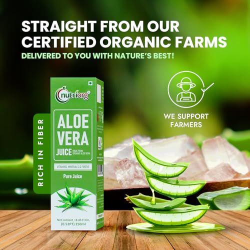 Image of NutriOrg Aloe Vera Juice (250mL) | Pure & Fibre Rich | No Added Sugar | Rich in Vitamin A, C & E | Recommended for healthy skin and hair