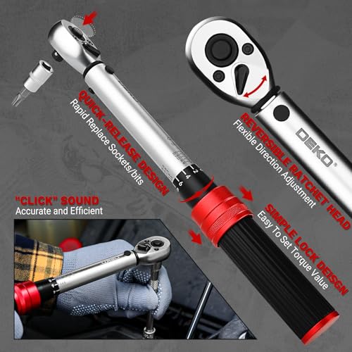 Image of DEKOPRO 26Pcs Bike Torque Wrench Set, 1 /4 Inch Drive Torque Wrench, 20-200 IN.LB(2.3-22.2 Nm), ±3% Accuracy, 72 Tooth Dual-Direction Adjustable with Socket Bits, for Mountain Bike, Bicycle Repair