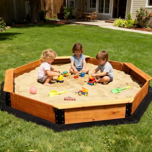 FUNTOK 85''x85''x9'' Octagon Sandbox for Kids, Large Natural Wooden Sandpit with 4 Benches, Bottom Liner, PVC Cover, 198 Lbs Weight Capacity, Sand Box for Backyard, Patio, Outdoor Play