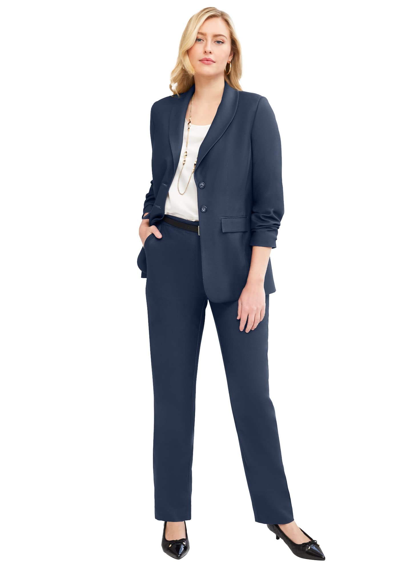 Jessica London Womens Plus Size Petite 2-Piece Stretch Crepe Single-Breasted Pantsuit