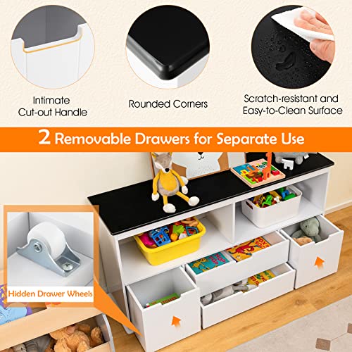 Honey Joy Kids Toy Storage Organizer With Bins, Children Daycare Shelf W/Blackboard Top, Wooden Toy Box W/Wheels & Drawers, Toddler Classroom Display Cabinet For Playroom, Nursery, Kindergarten #TOP3