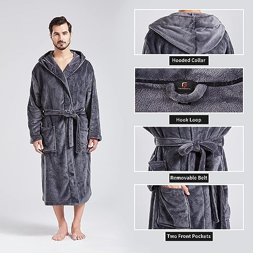 FashGudim Mens Hooded Robe Plush Shawl Collar Kimono Bathrobe Soft Warm Flannel Fleece Spa Robes House Coat Pajamas3
