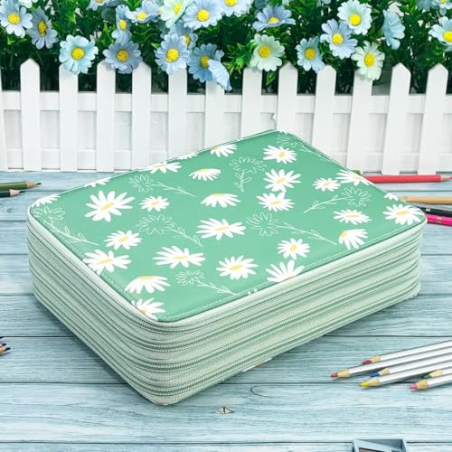 Image of YOUNGCOL 200 Slots Colored Pencil Case Color Pencil Organizer Storage Large Capacity Pencil Case (Green + Sunflower)
