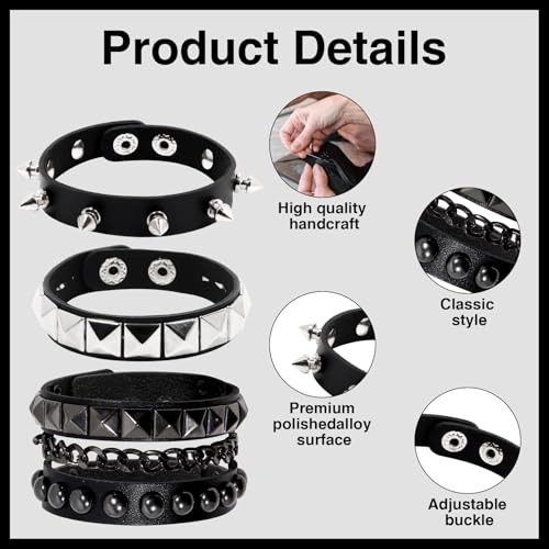 3 Pcs Punk Rock Leather Studded Bracelets for Men Women 80s Gothic Spiked Bracelet Vintage Punk Bracelets Set Emo Accessories for Rocker2