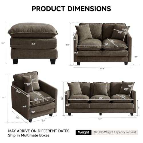 Image of 30'' Cloud Single Couch with Ottoman, Cloud Sofa with Throw Pillow, Modern 1 Seater Reading Chair with Deep Seat, Accent Chairs for Living Room, Bedroom, Small Apartment, Brown