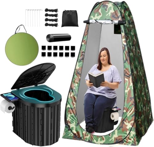 Inodoro portátil para camping con tienda de privacidad emergente, inodoro plegable ultraligero de 14.5'' para adultos, compacto para senderismo, viaje en RV, camión, pesca, playa miniatura 1