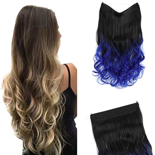 GIRLSHOW Invisible Wire Hair Extensions with Transparent Headband Synthetic 24 Inch 4.9 Oz Wavy Curly Adjustable Size No Clip Long Hairpieces for Women (Black Ombre Blue -#293, 24 Inch)